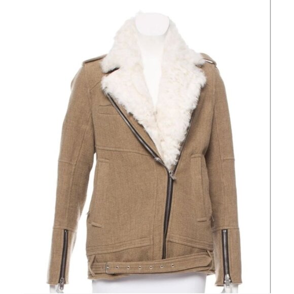 IRO Cidji Shearling Moto Jacket in Brown Wool Blend - Size 2 - Picture 1 of 10